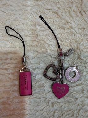 Coach Pink Heart Charm Keyring Strap with Logo Tag